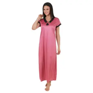Women's Satin Long Nighty Mega Sleeve(Color: Strawberry Milk, Neck Type: V Neck)