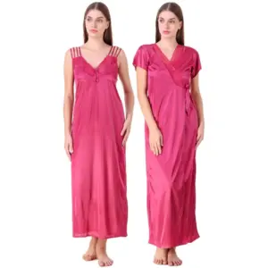 Women's Satin 2 PCs Set of Nighty And Wrap Gown with Half Sleeve(Color: Coral Pink, Neck Type: V Neck)