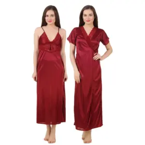 Women's Satin 2 PCs Set of Nighty And Wrap Gown with Half Sleeve(Color: Black, Neck Type: V Neck)