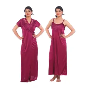 Women's Satin 2 PCs Set Of Nighty And Wrap Gown Mega Sleeve(Color: Wine, Neck Type: Square Neck)