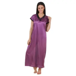 Women's Satin Long Nighty Mega Sleeve(Color: Purple, Neck Type: V Neck)