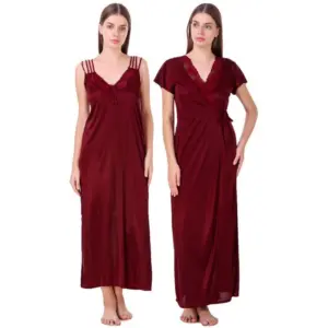 Women's Satin 2 PCs Set of Nighty And Wrap Gown with Half Sleeve(Color: Maroon, Neck Type: V Neck)