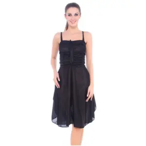 Women's Satin Short Nighty with Sleeve Less(Color: Black, Neck Type: Square Neck)