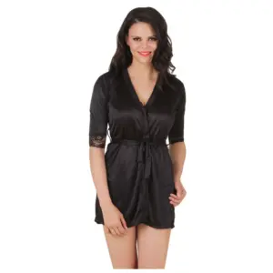 Women's Satin Babydoll Robe with Thong with Half Sleeve(Color: Black, Neck Type: V Neck)