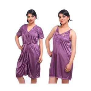 Women's Satin 2 PCs Set Of Nighty And Wrap Gown with Half Sleeve Nightdress(Color: Purple, Neck Type: V Neck)