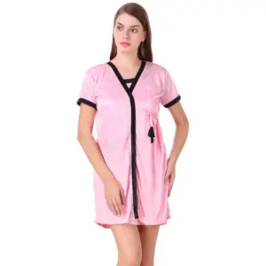 Women's Satin Short Wrap Gown with Half Sleeve(Color: Baby Pink and Black, Neck Type: V Neck)