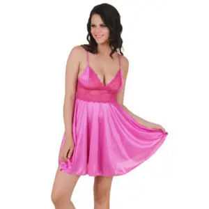 Women's Satin Babydoll Slip Sleeve Less(Color: Pink, Neck Type: V Neck)