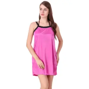 Women's Satin Short Nighty with Half Sleeve(Color: Pink and Black, Neck Type: V Neck)