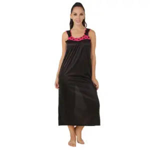 Women's Satin Long Nighty with Sleeve Less(Color: Coral Pink and Black, Neck Type: U Neck)