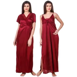 Women's Satin 2 PCs Set of Nighty And Wrap Gown with Half Sleeve(Color: Maroon, Neck Type: V Neck)