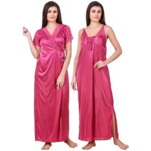 Women's Satin 2 PCs Set of Nighty And Wrap Gown with Half Sleeve(Color: Coral Pink, Neck Type: V Neck)