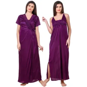 Women's Satin 2 PCs Set of Nighty And Wrap Gown with Half Sleeve(Color: Purple, Neck Type: V Neck)