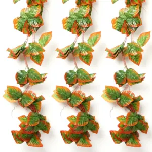 Pack Of 5 Silk Polyester Artificial Shaded Orange Green Leaf Vine Hanging Garland Foliage Flowers Leaf Plants For Wall Decoration (Color: Orange-Green,Length: 15 Feet)