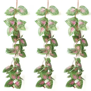 Pack Of 5 Silk Polyester Artificial Shaded Pink Green Leaf Vine Hanging Garland Foliage Flowers Leaf Plants For Wall Decoration (Color: Pink-Green,Length: 15 Feet)