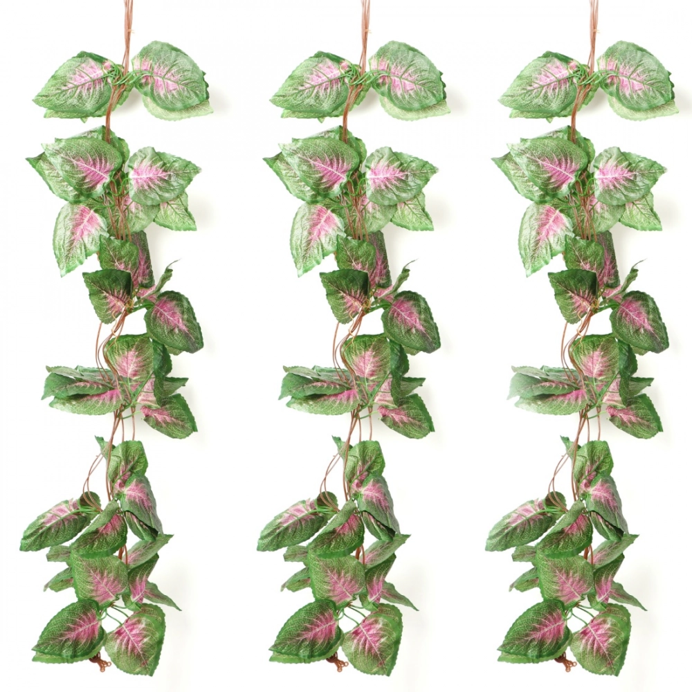 Pack Of 3 Silk Polyester Artificial Shaded Pink Green Leaf Vine Hanging Garland Foliage Flowers Leaf Plants For Wall Decoration (Color: Pink-Green,Length: 15 Feet)