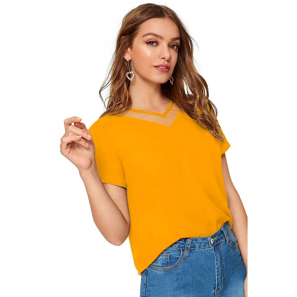 Women's Polyester, Knitting Western Wear T-Shirt (Yellow) - Image 2