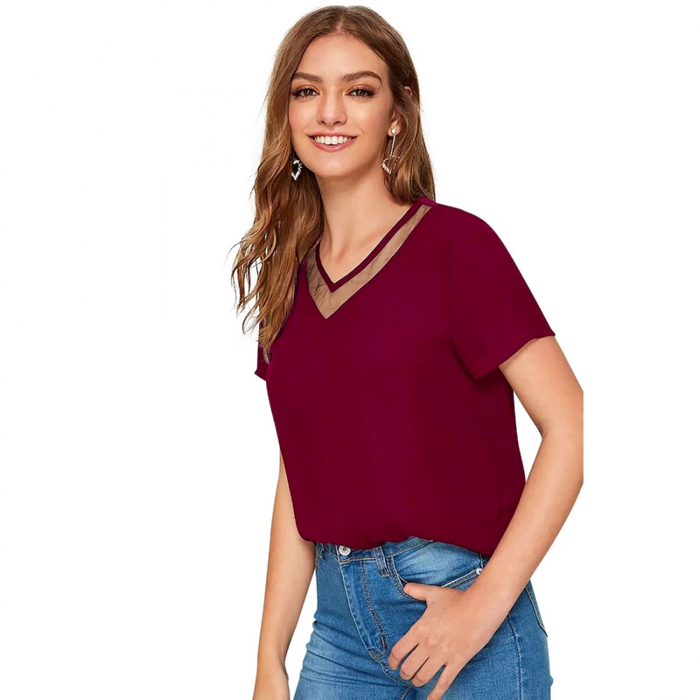 Women's Polyester, Knitting Western Wear T-Shirt (Maroon) - Image 3