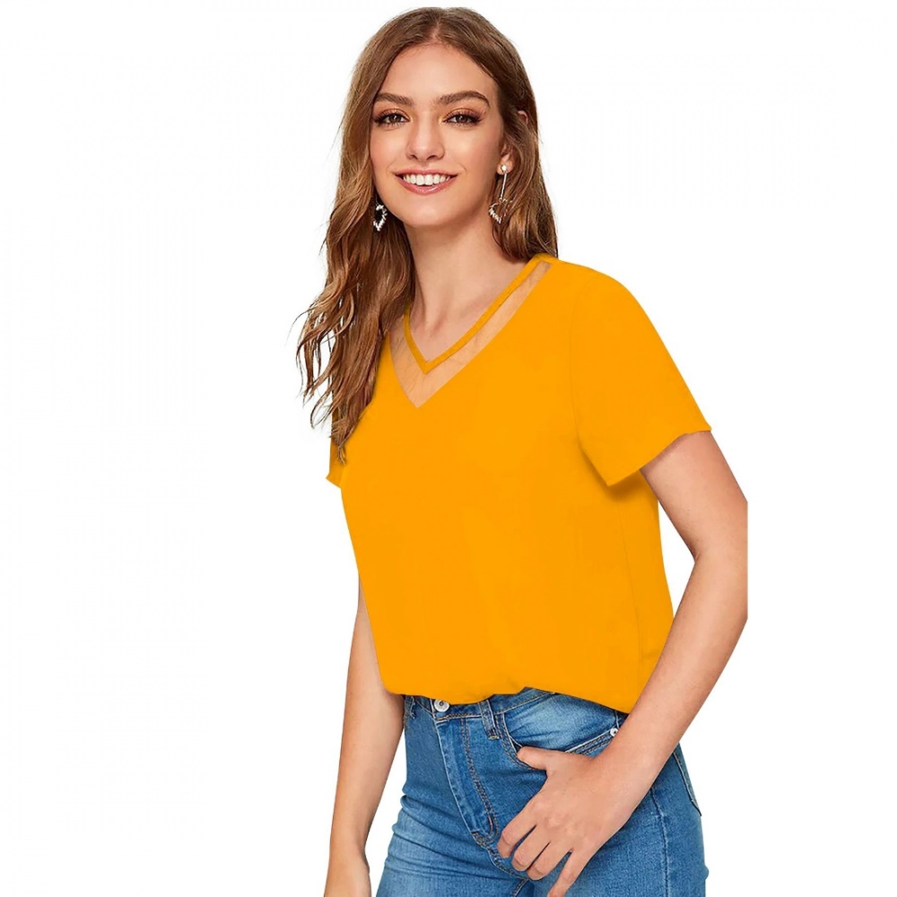 Women's Polyester, Knitting Western Wear T-Shirt (Yellow) - Image 3