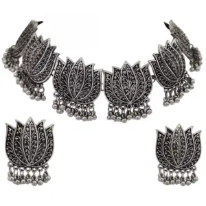 Antique Silver Oxidised Tribal Afghani Necklace With Earrings Set For Women
