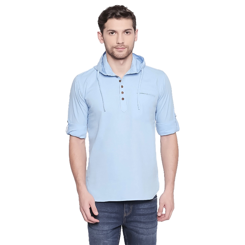 Men's Cotton Casual Short Cross Kurta Shirt (Material: Cotton, (Color:Light Blue)