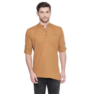 Men's Cotton Casual Short Cross Kurta Shirt (Material: Cotton, (Color:Brown)
