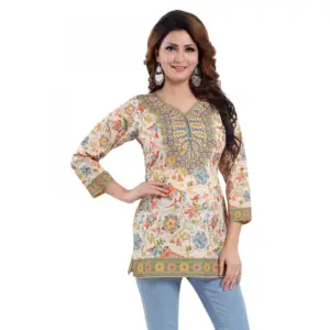 Women's Quarter Sleeve Faux Crepe Printed Short Kurti Tunic Top (Color:Multicolor)