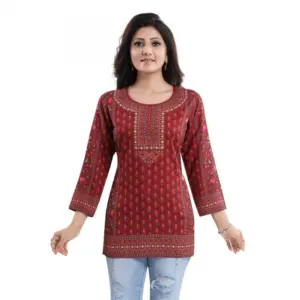 Women's Quarter Sleeve Faux Crepe Printed Short Kurti Tunic Top (Color:Red)