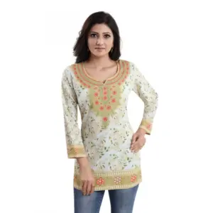 Women's Quarter Sleeve Faux Crepe Printed Short Kurti Tunic Top (Color:White)