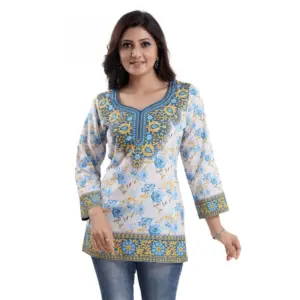 Women's Quarter Sleeve Faux Crepe Printed Short Kurti Tunic Top (Color:White)