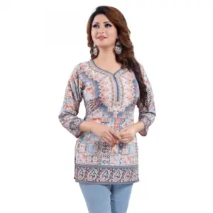 Women's Quarter Sleeve Faux Crepe Printed Short Kurti Tunic Top (Color:Blue)