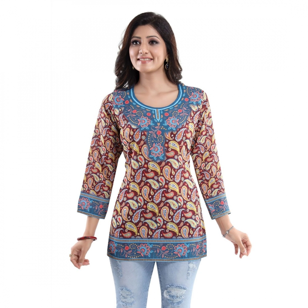 Women's Quarter Sleeve Faux Crepe Printed Short Kurti Tunic Top (Color:Maroon) - Image 3