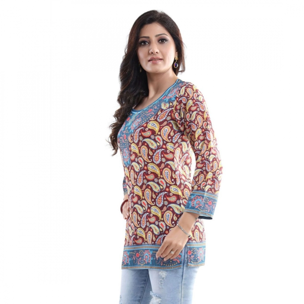 Women's Quarter Sleeve Faux Crepe Printed Short Kurti Tunic Top (Color:Maroon) - Image 5