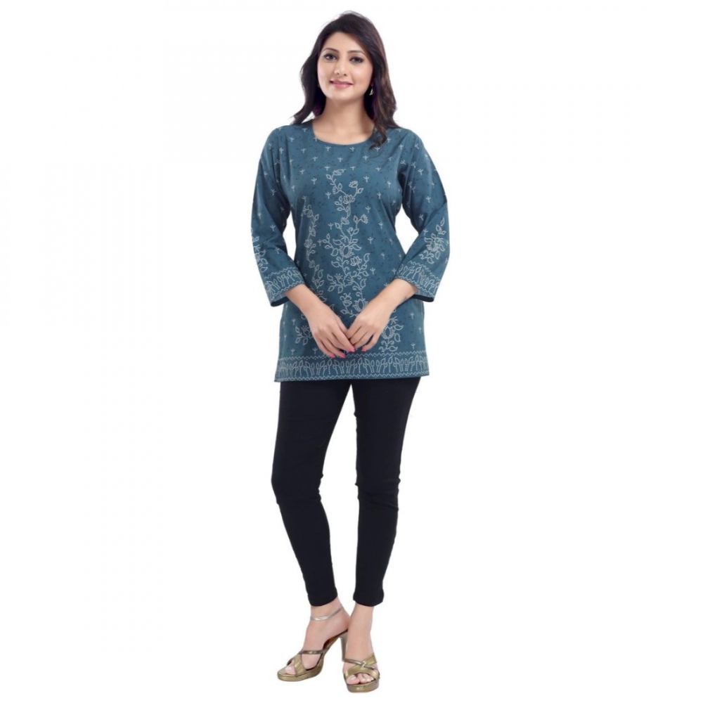 Women's Quarter Sleeve Faux Crepe Printed Short Kurti Tunic Top (Color:Grey) - Image 5
