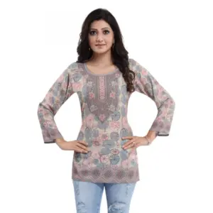 Women's Quarter Sleeve Faux Crepe Printed Short Kurti Tunic Top (Color:Pastel)