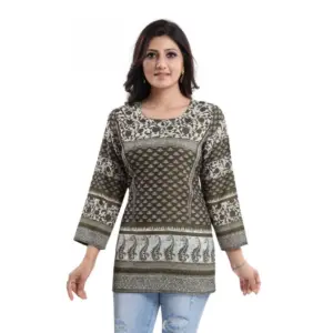 Women's Quarter Sleeve Faux Crepe Printed Short Kurti Tunic Top (Color:Green)