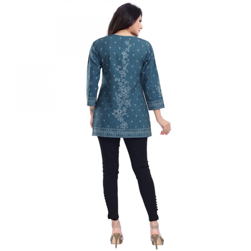 Women's Quarter Sleeve Faux Crepe Printed Short Kurti Tunic Top (Color:Grey) - Image 2