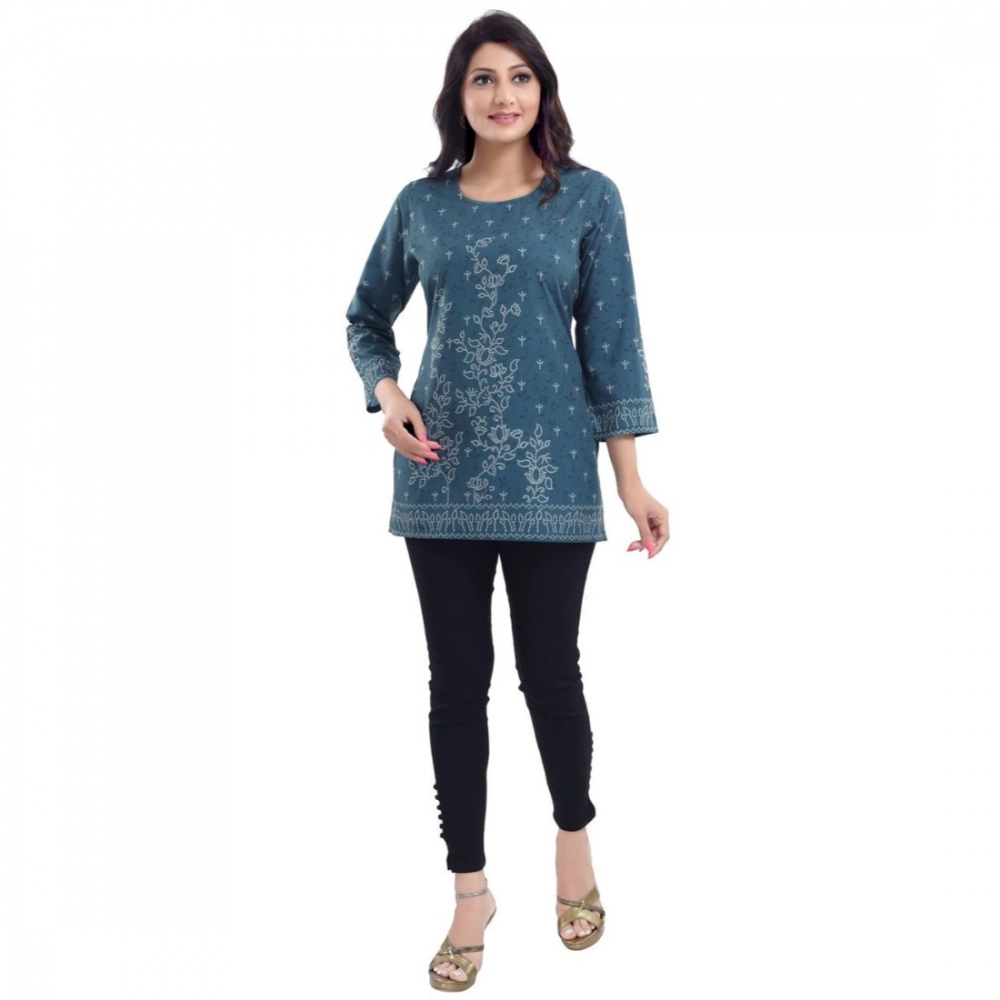 Women's Quarter Sleeve Faux Crepe Printed Short Kurti Tunic Top (Color:Grey) - Image 3