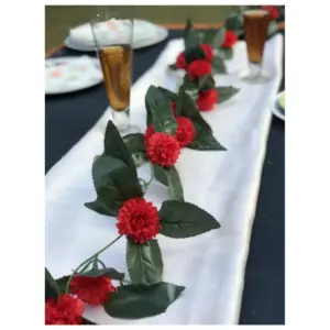 Artificial Red Marigold Genda Flower Vine Creeper With Big Green Leaves For Home Decoration (Color: Red, Material: Silk Polyester)