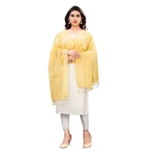 Women's Cotton Silk Strips Printed Dupatta (Yellow, Length:2-2.4 mtr)
