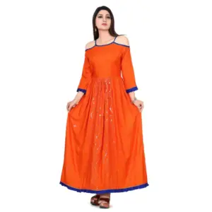 Women's Rayon Cotton Orange Embroidered Long Kurti