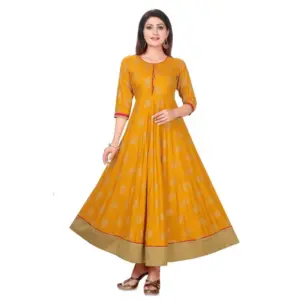 Women's Rayon Cotton Golden Yellow And Rani Gold Printed Anarkali Gown Kurti