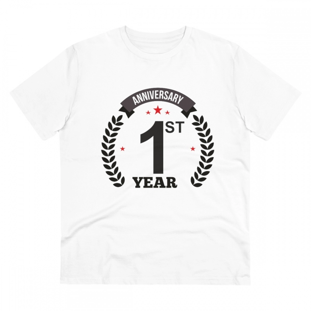 Men's PC Cotton 1st Anniversary Printed T Shirt (Color: White, Thread Count: 180GSM)