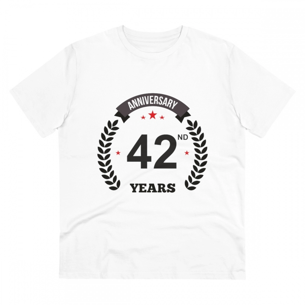 Men's PC Cotton 42nd Anniversary Printed T Shirt (Color: White, Thread Count: 180GSM)