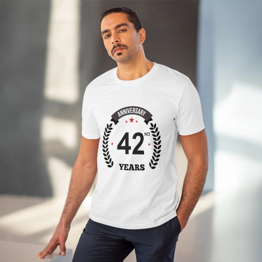 Men's PC Cotton 42nd Anniversary Printed T Shirt (Color: White, Thread Count: 180GSM) - Image 6