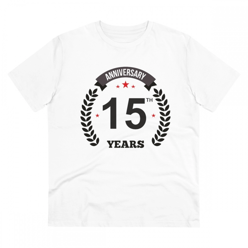 Men's PC Cotton 15th Anniversary Printed T Shirt (Color: White, Thread Count: 180GSM)