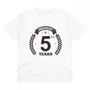 Men's PC Cotton 5th Anniversary Printed T Shirt (Color: White, Thread Count: 180GSM)