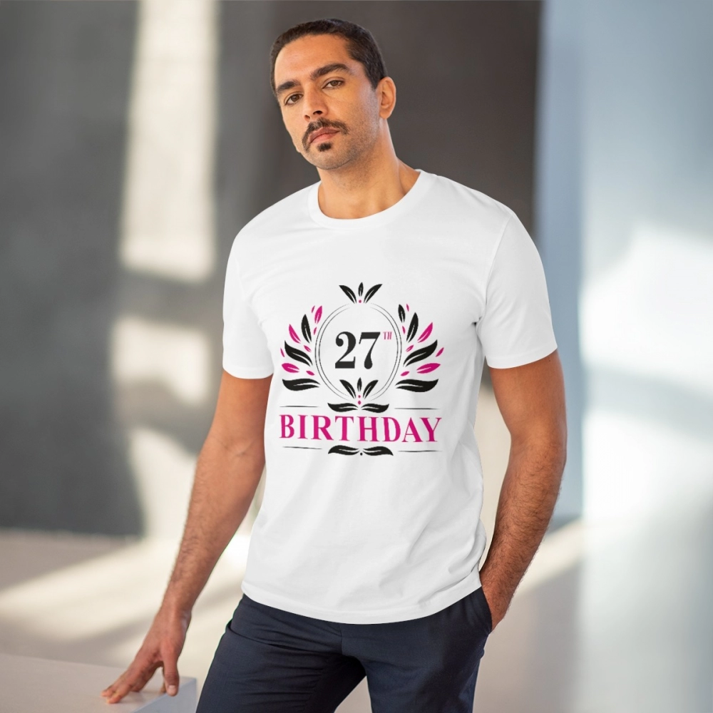 Men's PC Cotton 27th Birthday Printed T Shirt (Color: White, Thread Count: 180GSM) - Image 6