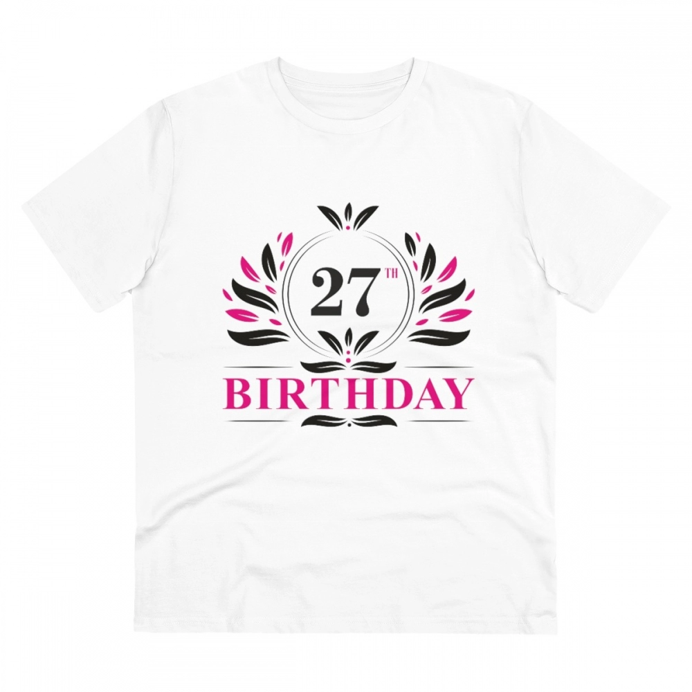 Men's PC Cotton 27th Birthday Printed T Shirt (Color: White, Thread Count: 180GSM)