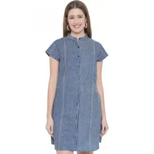 Women's Shirt Blue Dress (Color:Blue, Material:Pure Cotton)