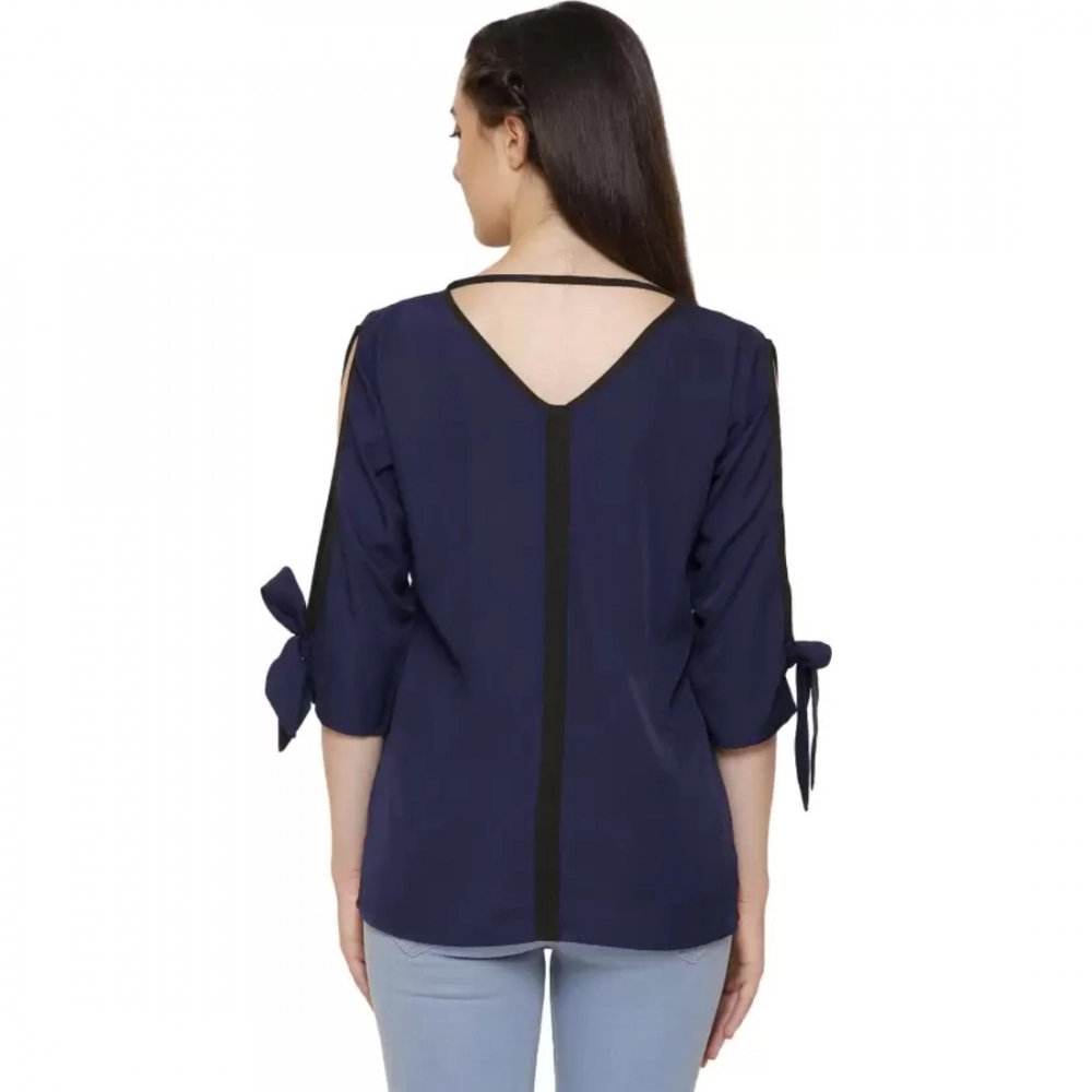 Women's Casual Slit Sleeve Solid Blue Top (Color:Blue, Material:Poly Crepe) - Image 3